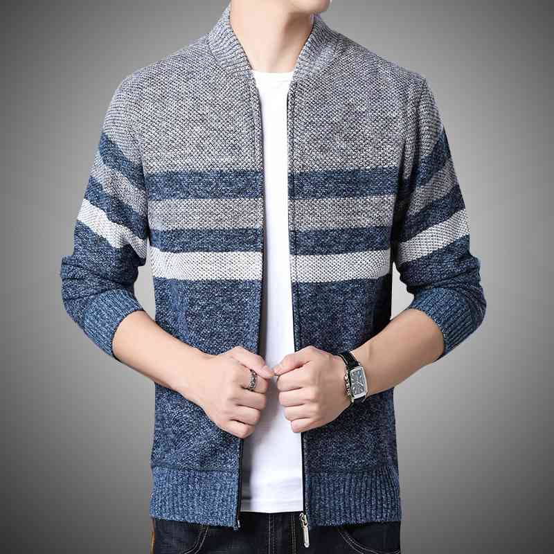

Winter Thick Warm Men' Knitted Coat Stand Collar Striped Sweater Long Sleeve Cardigan Fleece Full Zip Fashion Coats Men 210603, Cjw222blue