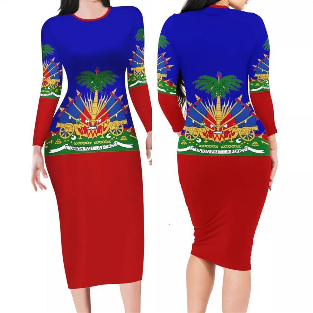 

long sleeves haiti women dresses flag printing comfort clothes bodycon o neck elegant female vestidos, Black;gray