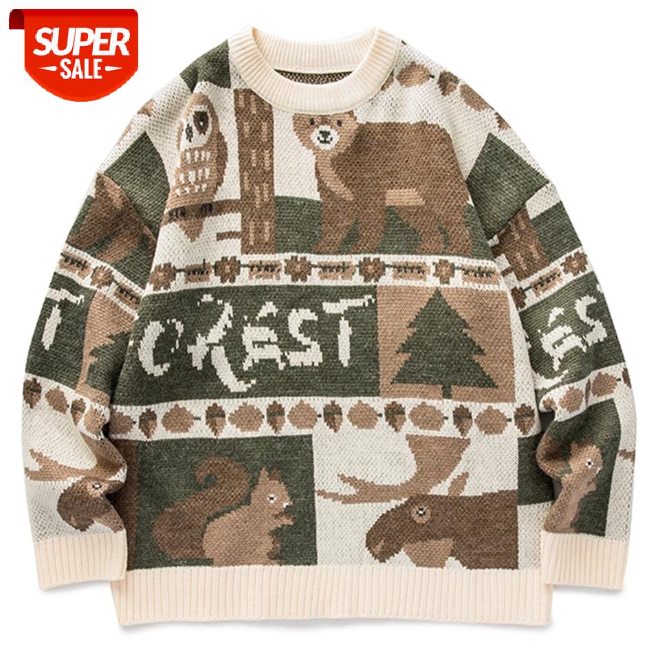 

Hip Hop Owl Bear Print Knitted Sweater Men Women Streetwear Cotton Pulover Vintage Harajuku Gothic Sweater Oversize Loose Unsiex #5m7t, White;black