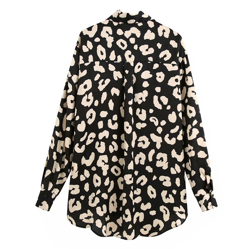 

Elegant Lapel Black Beige Leopard Print Mid Long Silk Shirt Retro 2021 Woman Long sleeve OL Blouse Satin Tops Blousas, White
