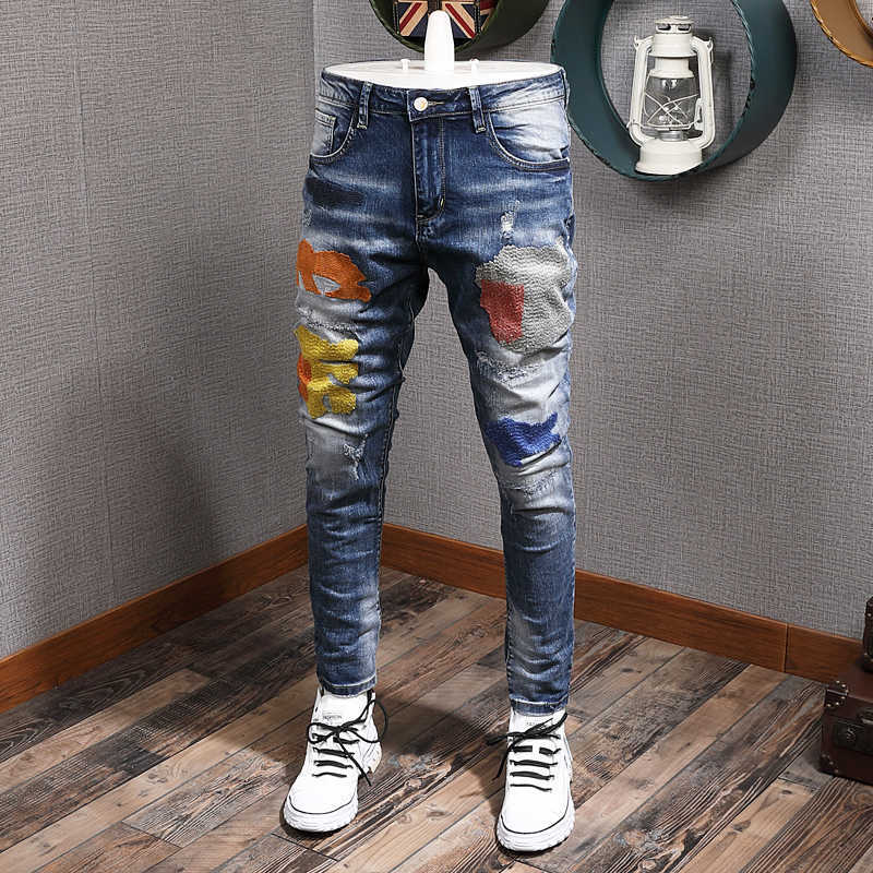

Korean Style Fashion Men Jeans High Quality Elastic Slim Fit Ripped Denim Pencil Pants Patches Embroidery Hip Hop Long Trousers, Retro blue