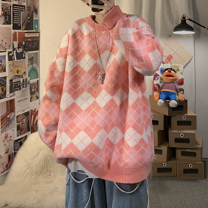 

2021 New Winter Thick Plaid Sweater Men' Warm Fashion Casual Retro Knitted Pullover Men Wild Loose Korean Sweaters Mens Clothes -xl K002, Navy