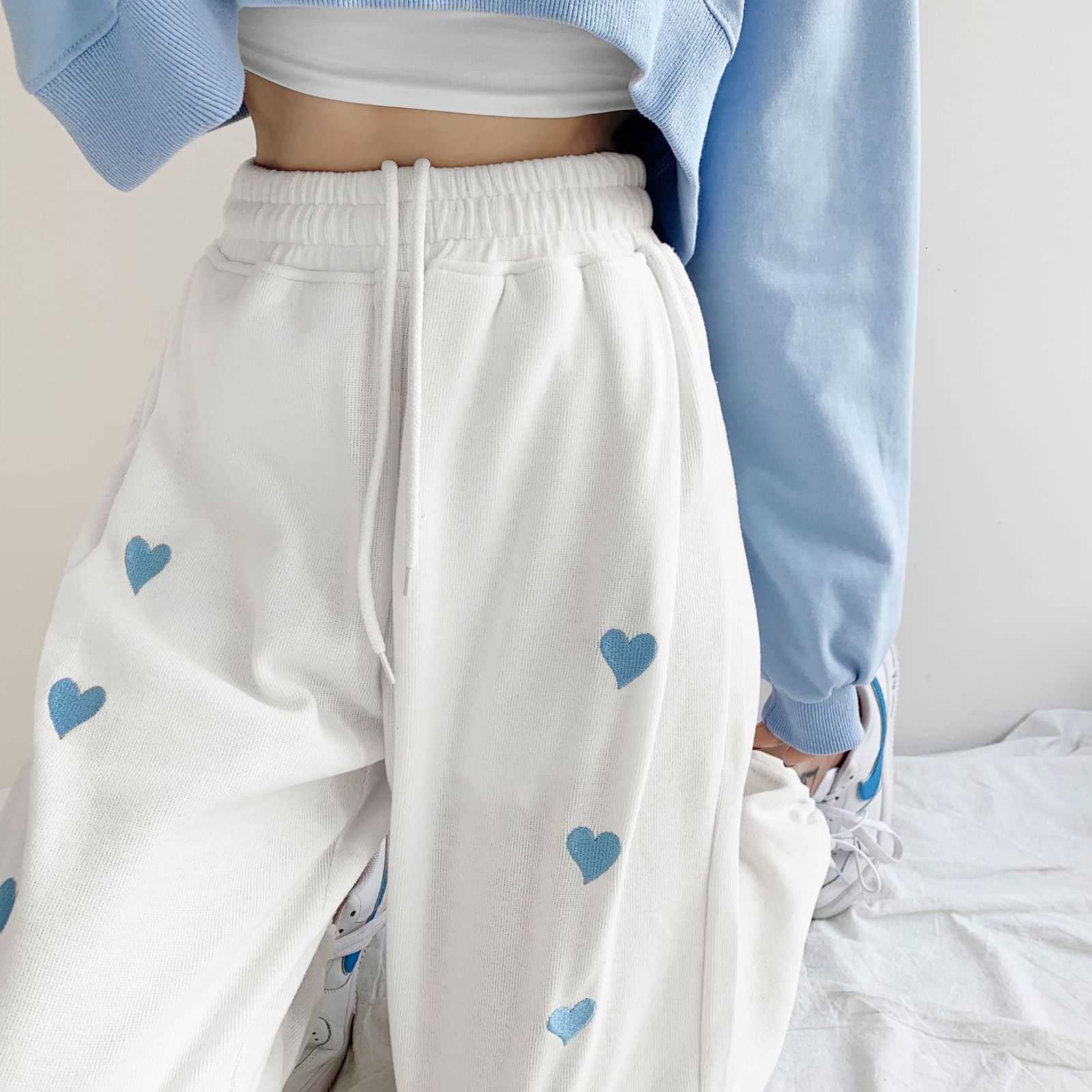

women's pants & capris embroidered love women spring and summer thin draw rope leggings loose casual straight plus size s-xxl 4sh8, Black;white