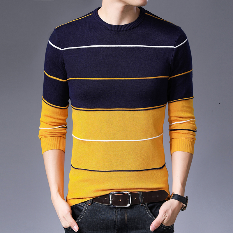

2021 New Autumn Outfit High Quality Crew Neck Sweater Striped Men Shirt Fit Slim Casual Social Long Sleeve Plus Size Male 4lqv, White