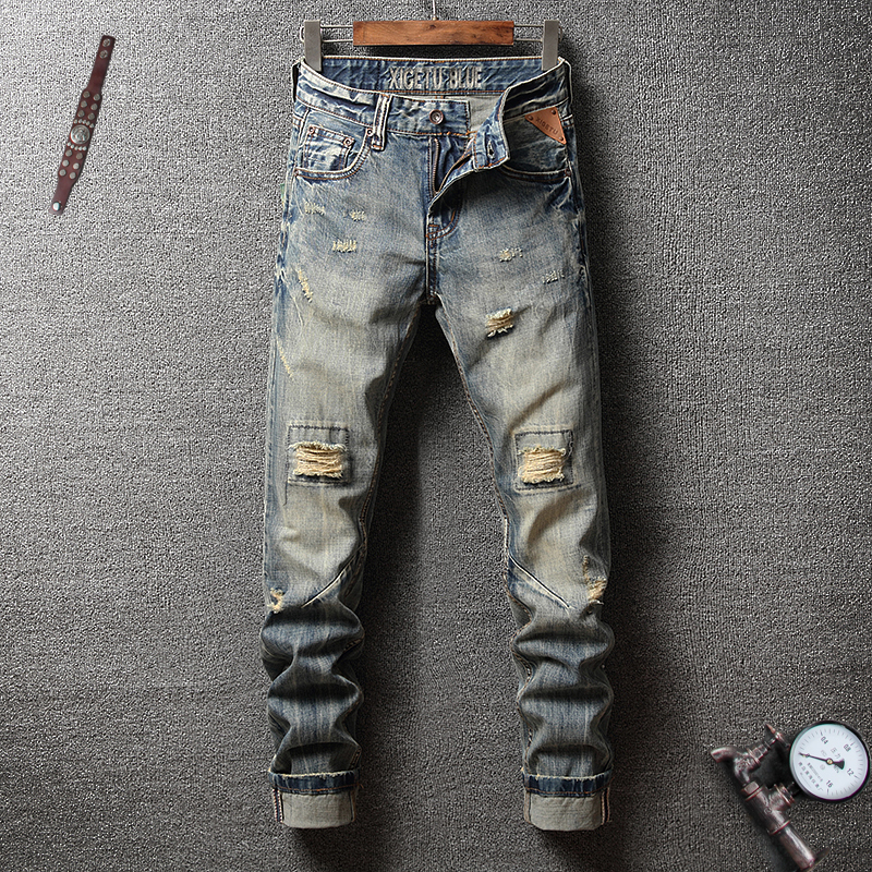 

2021 New Italiano Da Forma Estilo Do Vintage De Lavagem Retro Slim Fit Rasgado Calas Dos Homens Hip Hop Streetwear Jeans E99x, Retro color