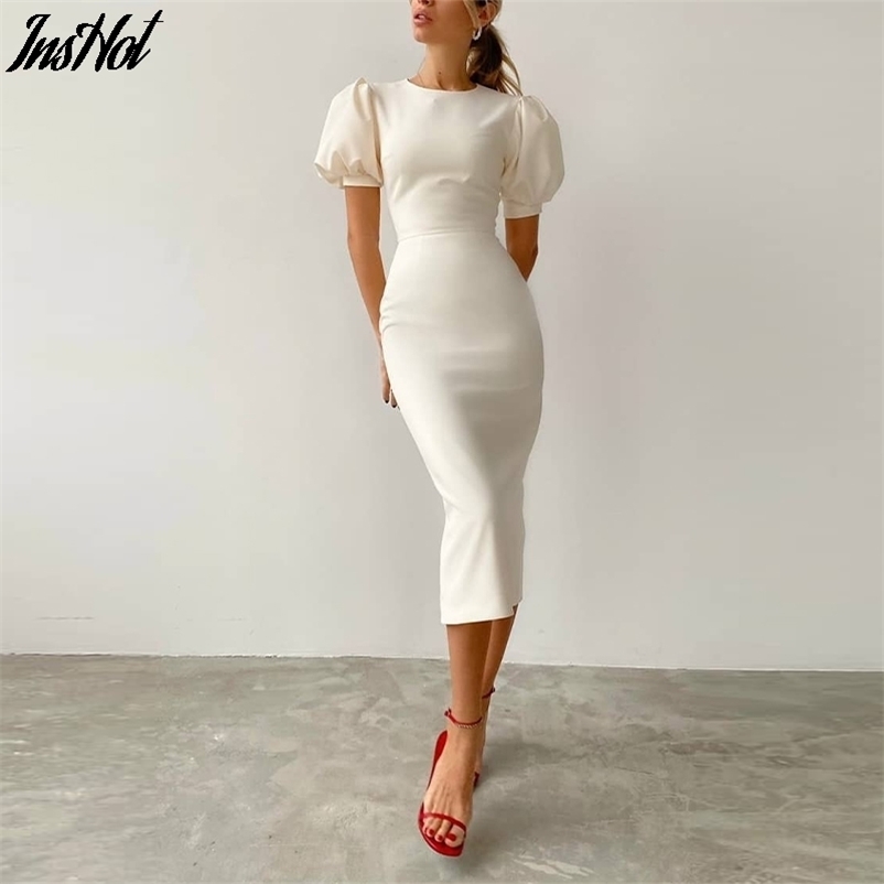 

White O-Neck Puff Sleeve Office Lady Dress Summer High Waist Tight Dress Simple Elegant Party Women' Dress 210719, 02 blue 1