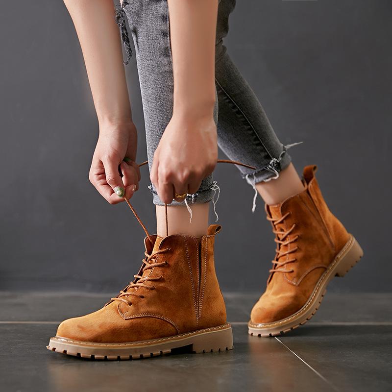 

Boots Fashion Leisure Retro Women Ankle Round Toe Med Hoof Heels Punk Motorcycle Sewing Solid Lace Up Shoes, Black