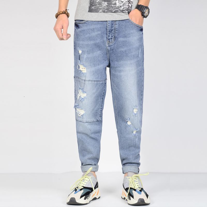 

2021 New Ripped Men Plus Size Stretchy Men's Blue Jeans Decoration Joggers Casual Tapered Streetwear 40xu, Sky blue