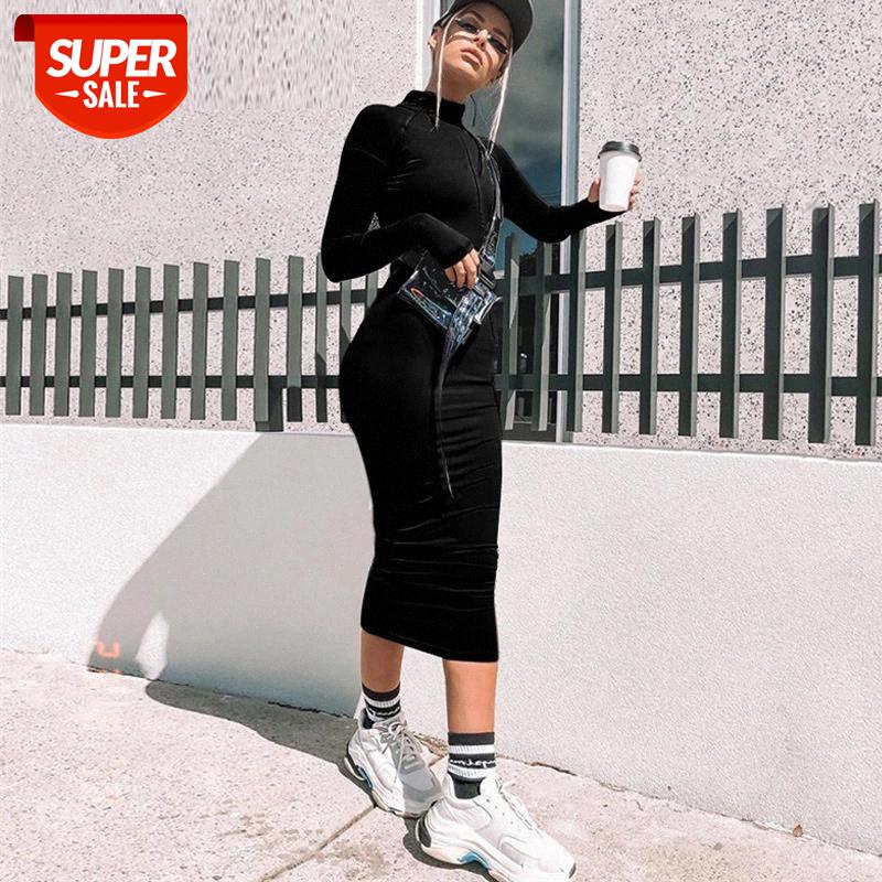 

Hot Women's 2019 autumn Europe America Stand collar Female Long Sleeve zipper Solid Fashion mid Calf dress Clubwear High Street #yw5L, Black;gray