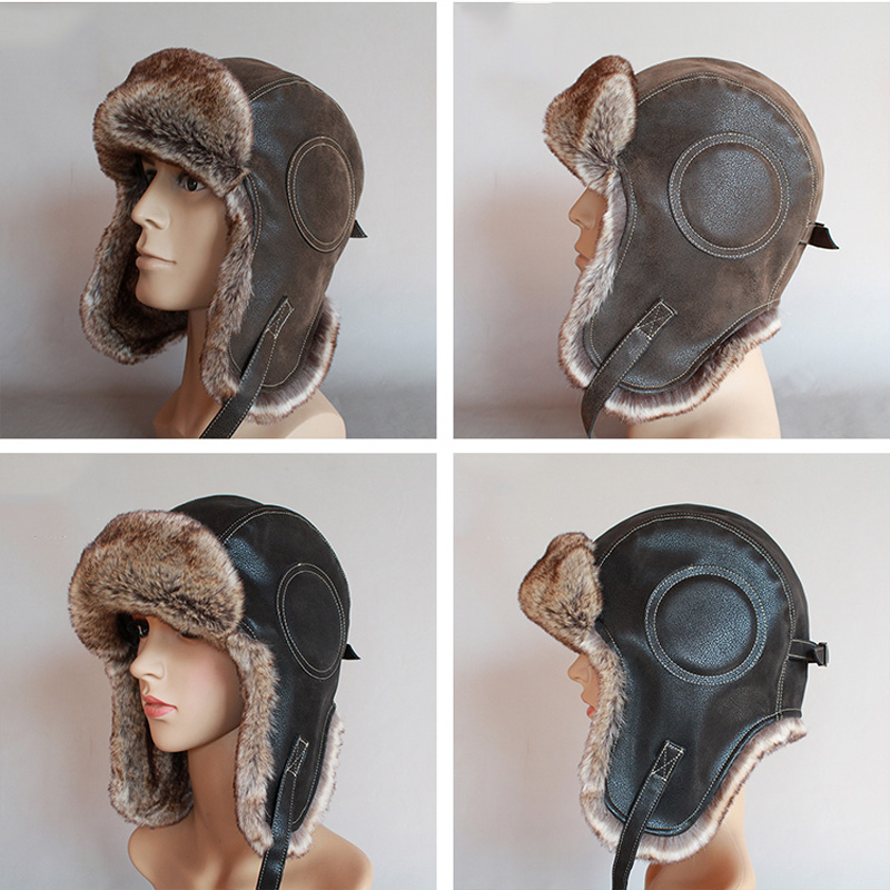 

Winter Ushanka Hat Men Womens Pilot Aviator Bomber Trapper Hat Faux Fur Leather Snow Cap with Ear Flapsg, Black