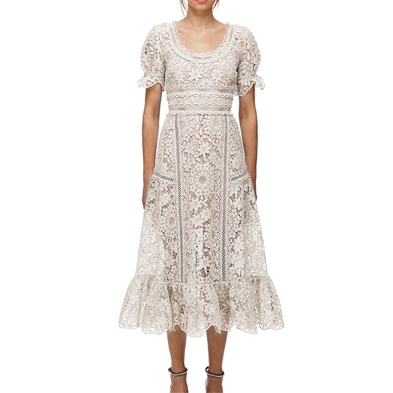 

Self Portrait Lace Party Long Dress Women Puff Short Sleeve Hollow Out Crochet Embroidery Vintage A Line 210603, Picture color