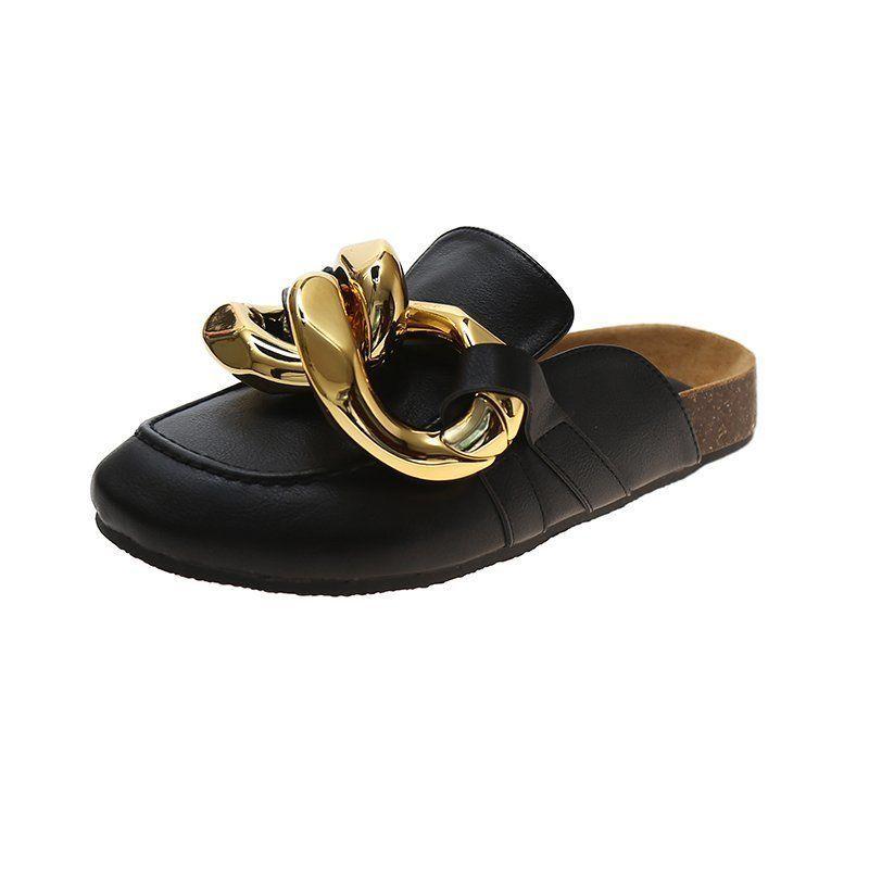 

Slippers Brand Design Women Slipper Fashion Big Gold Chain Sandals Shoes Round Toe Slip On Mules Flat Heel Casual Slides Flip Flop, White