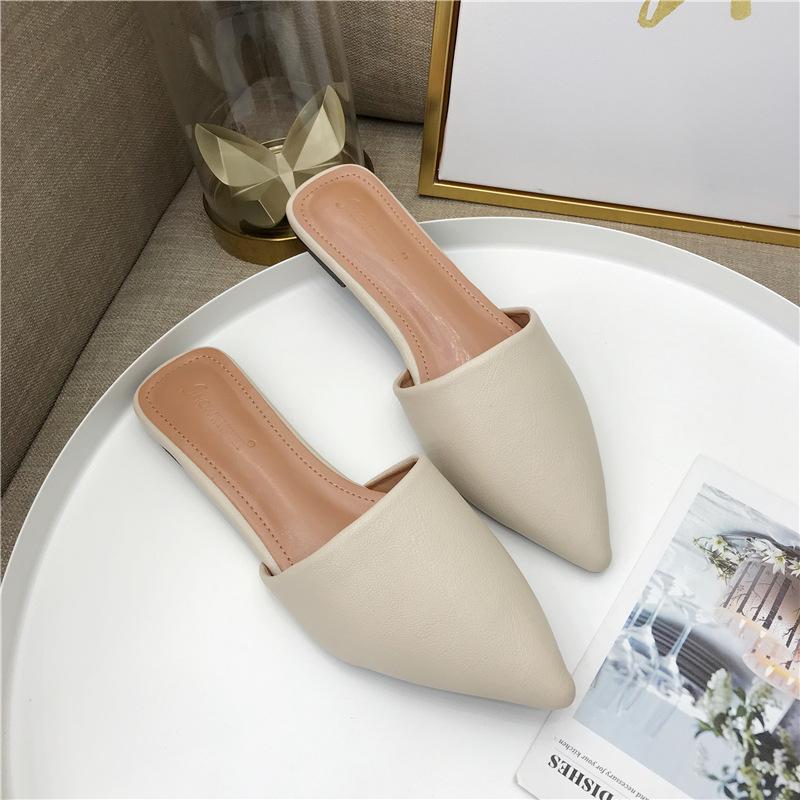 

Flat Shoes Female Womens Slippers Outdoor Cover Toe Pantofle Slides Loafers Shallow Soft 2021 Pointed Fabric Basic PU Rome