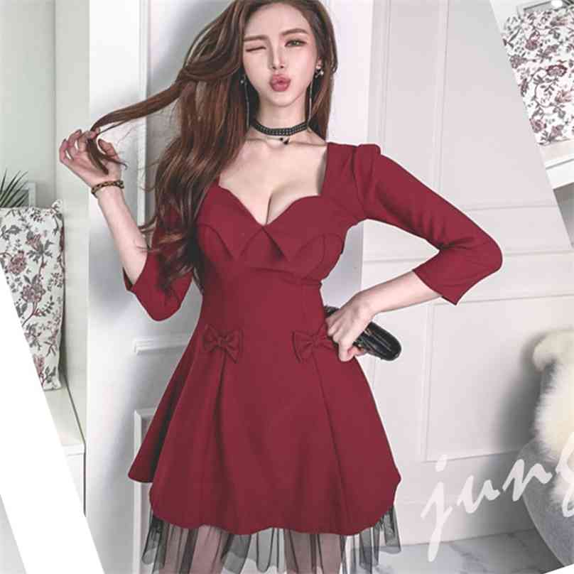

spring and summer red V rufflecolldr skirt fashion temperament thin sexy office party for women dresses 210602