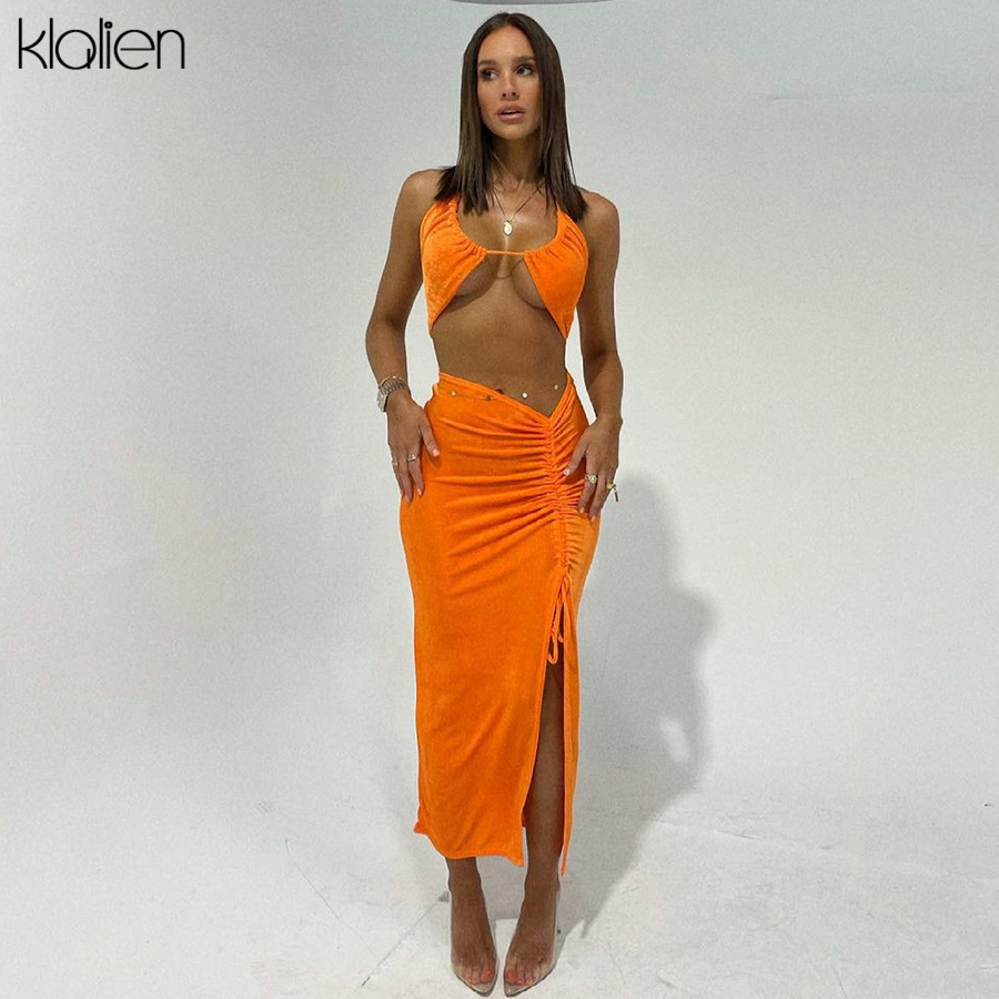 

women summer vacation two piece skirt set casual bandage crop long skirt two piece set female streetwear newplus size clothes, Black;gray