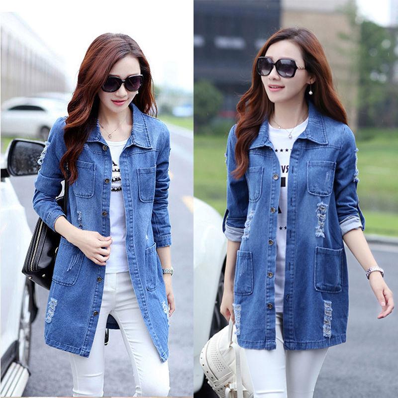 

Women' Jackets Plus Size -5XL Basic Long Jeans Coats Women Ripped Denim Jacket Vintage Frayed Hole Outerwear Single-Breasted Windbreaker, Blue