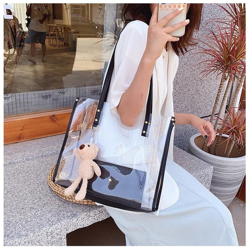 

Large capacity bag Fairy bag Summer new style 2021 popular Korean transparent handbag Shoulder tote Fashion bucket, Black
