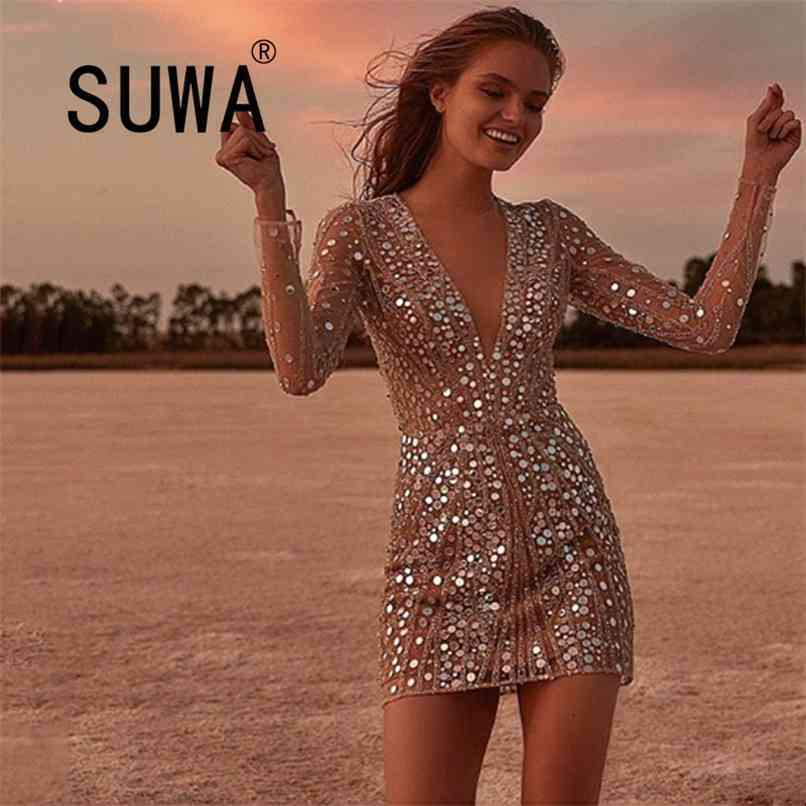

Spring Women' Sexy Deep V Long Sleeve Sequin Dress Small Slim Evening Party Beach Dance Free 210525, Multi