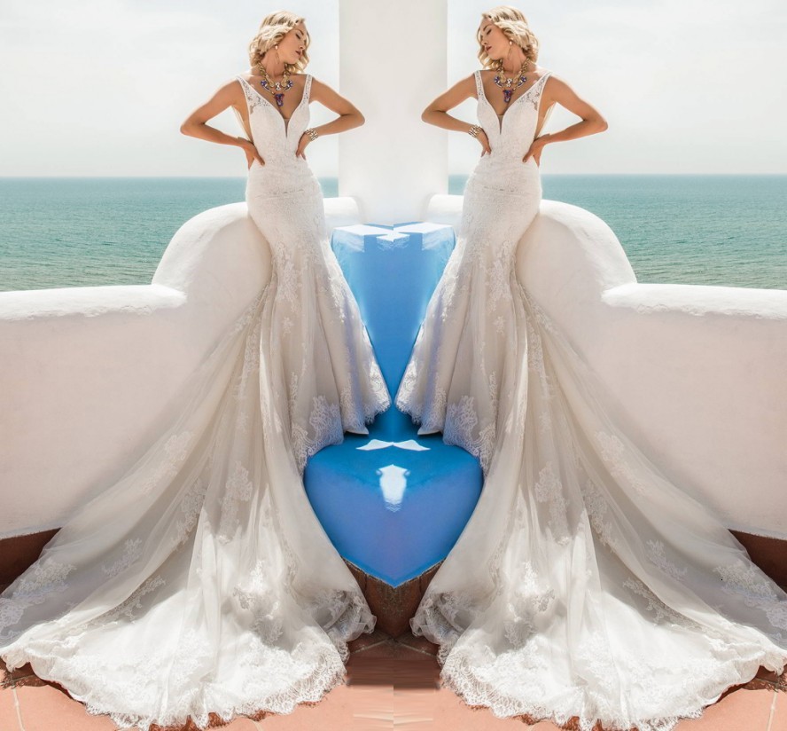 

New Mermaid Es 2021 Lace Appliques Bride Backless Wedding Gowns Boho Vestidos De Mariage Nbvl, Ivory