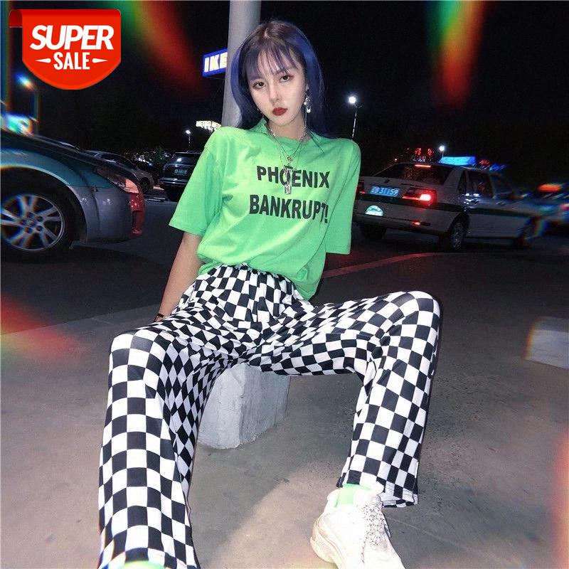 

2020 Streetwear Plaid Women Pants Elastic Waist Full Length Checkered Black and White Casual Loose Straight Trousers #Kj80, Black;white