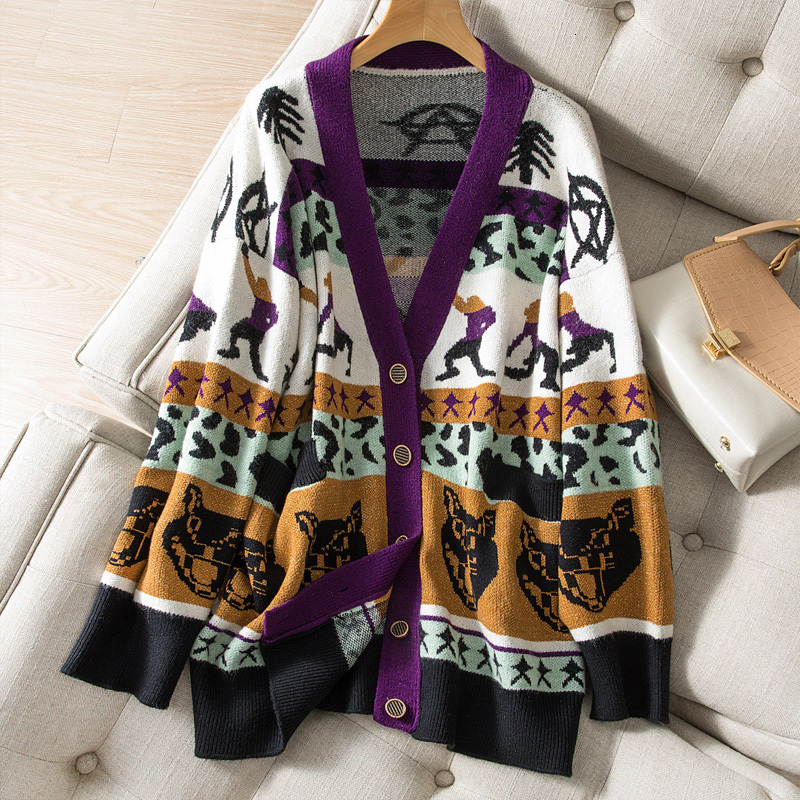 

2021 New Winter Streetwear Knitted Cute Cartoon Sweater Print v Neck Cardigan Jacket Female Ovkc, Beige