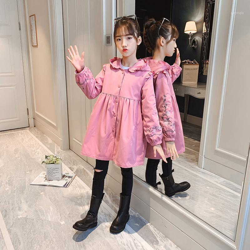 

Coat Spring Autumn Embroider Long Jackets For Girls Teenager Fashion Kids Hooded Windbreaker Outerwear Children Baby Trench Tops, Blue;gray