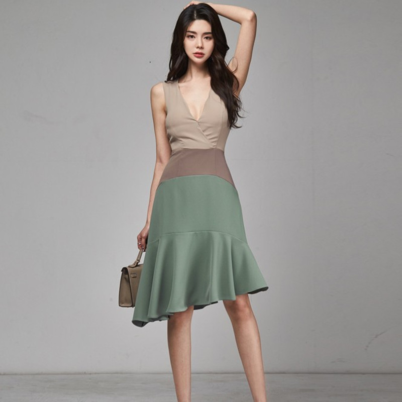 

ZAWFL Women Solid Irregular Dress England Style V-Neck Sleeveless Patchwork Ruffles Empire Slim Summer Mid-calf Dresses 210525, Picture color