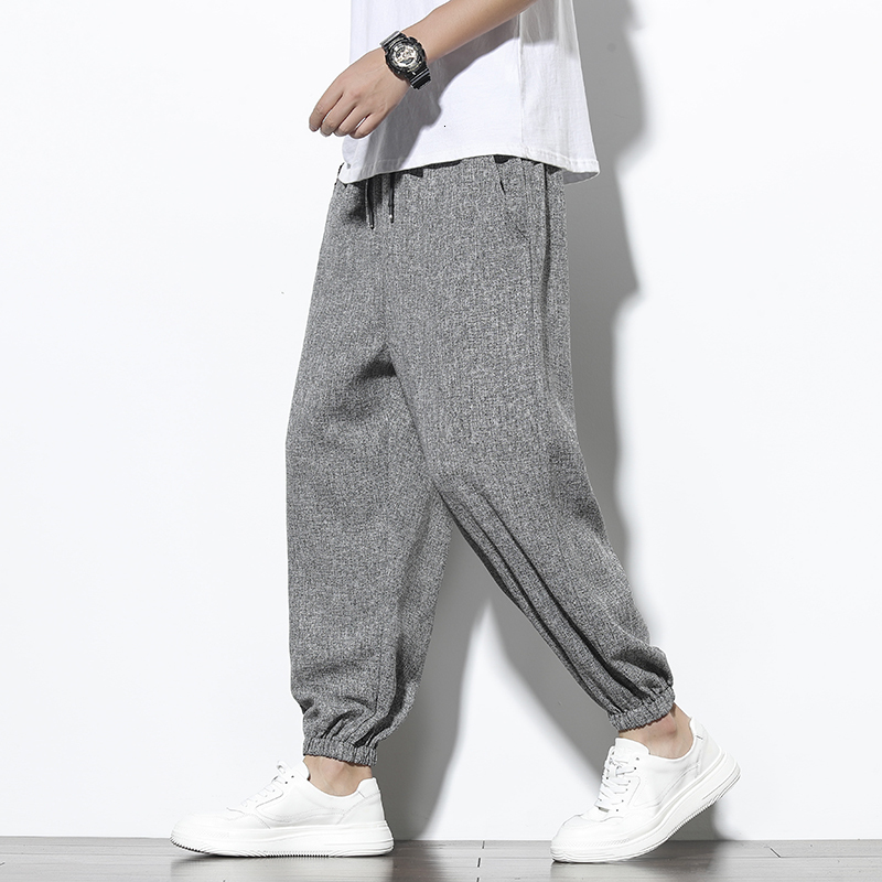 

New 2021 Summer Cotton Linen From Hip Hop Jogging Men Hare Breathable High Quality Casual Pants I3c7, Beige white.