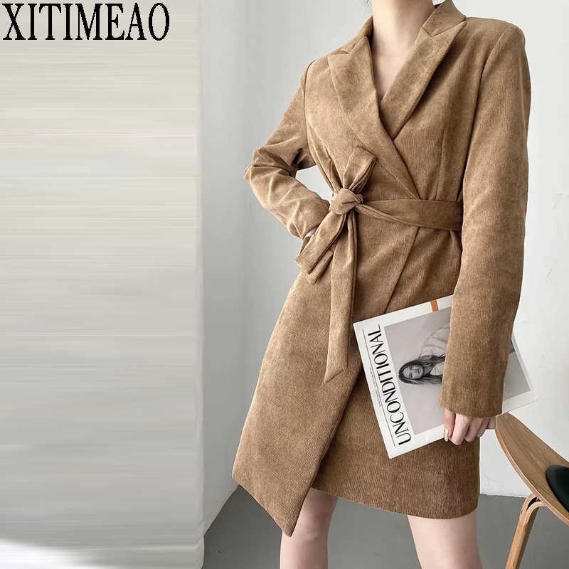 

XITIMEAO Women Casual Blazer Jacket Office Lady Pockets Slim Suit Coat oOe Button Ladies Business Blazers With Belt 210602, Brown