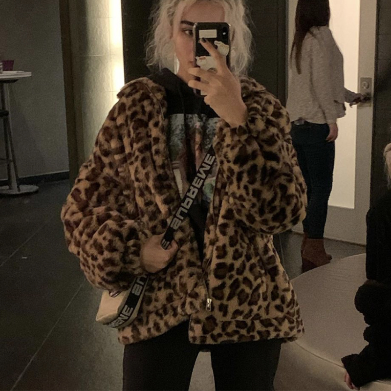 

2021 Brown Vintage Flannel Sexy Leopard Zip Up Sweatshirt Women Winter Coat Stand Collar Loose Oversized New Fashion Girls Plus Size Mxy7