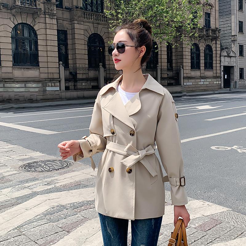 

Women' Trench Coats Short Coat Double Breasted With Belt Korean Style Ladies Overcoat Turn Down Collar Fashion For Female 2021, Beige