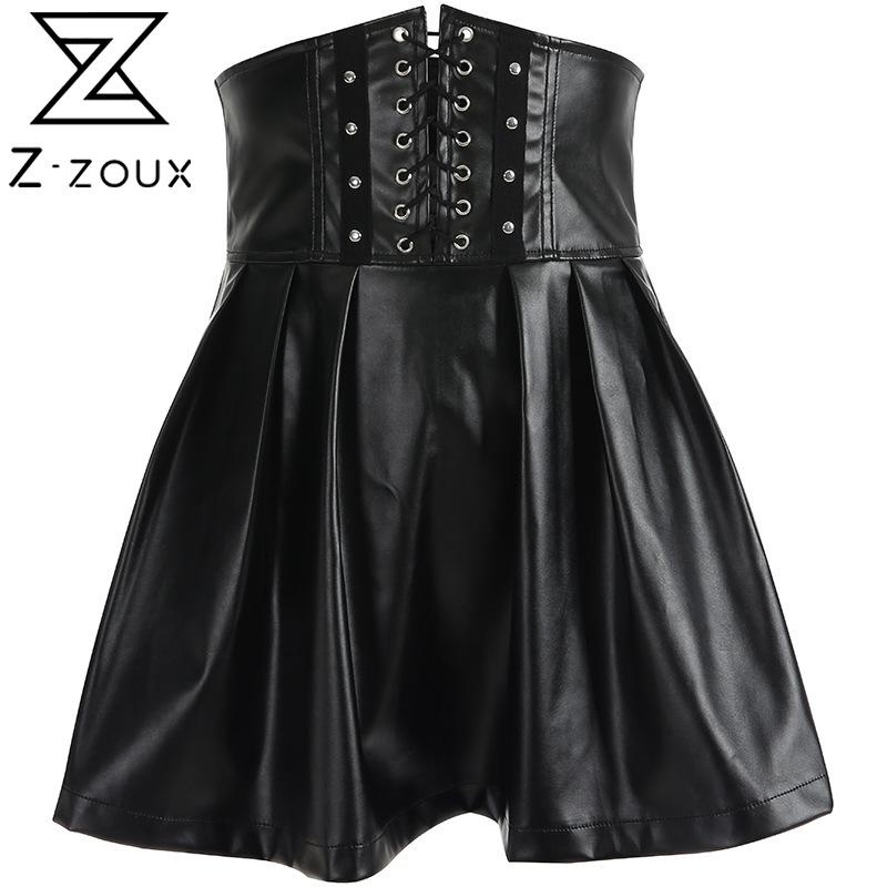 

Women Skirt Drawstring Bandage Sexy High Waist Pu Skirts Vintgae Black Leather Summer Fashion 210524