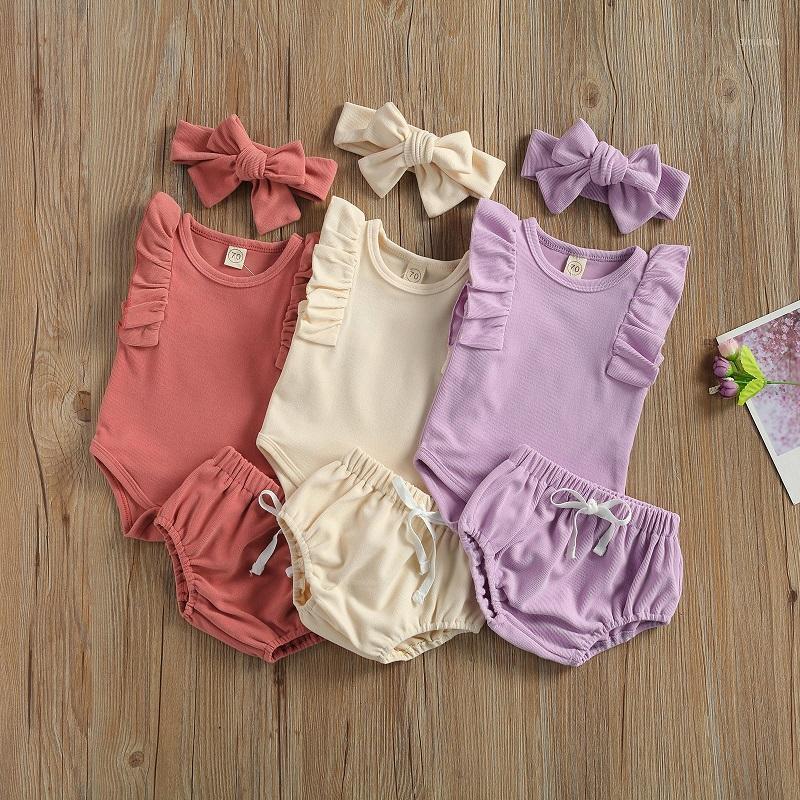 

0-24M Cute Born Baby Girl Ruffles Sleeveless Solid Color Cotton Bodysuit Tops Bloomers Shorts Headband 3PCS Clothing Set Sets, White
