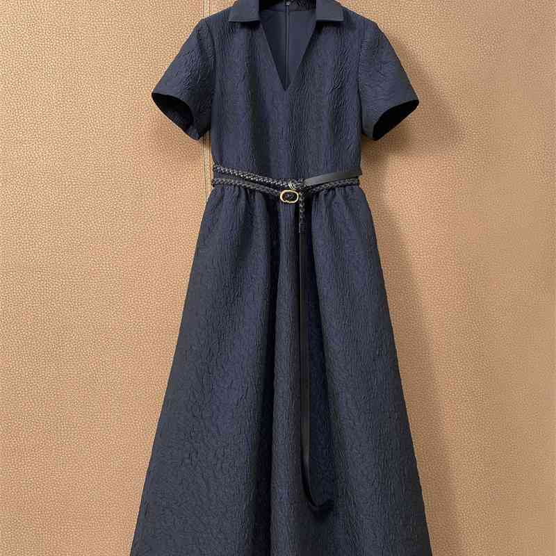 

Truevoker Summer Runway Midi Long Dres Short Sleeve Dark Blue Jacquard Pocket Belted Robe Femme Vestido De Mujer Casual 210602, Navy blue