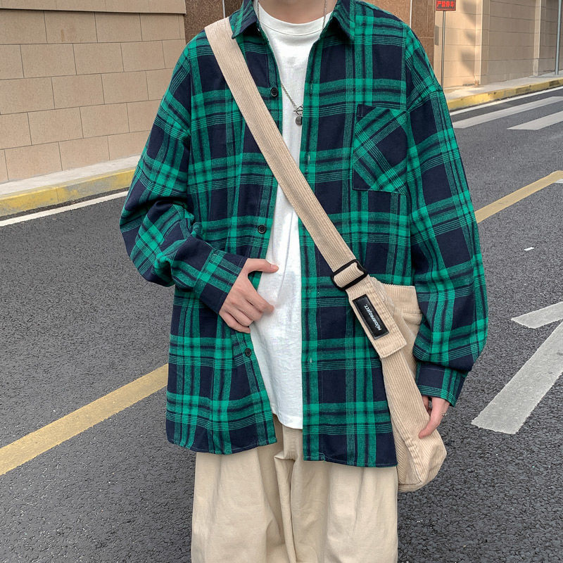 

2021 New Spring and Autumn Plaid Men's Fashion Retro Casual Shirt Men Streetwear Long Sleeve Shirts Mens M-2xl Tk5r, Green division