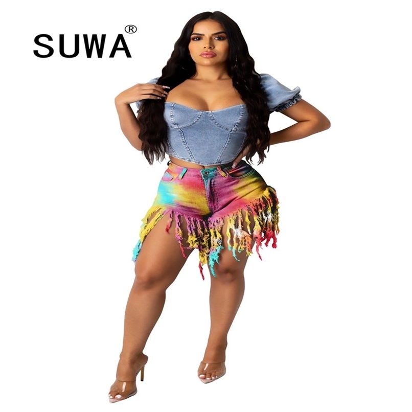 

Tie Dye Tassel Patchwork Sexy Fitness Shorts Women High Waist Pants Sweatpants Vintage Casual Gym Leggings Wholesale Clothing 210525, Sky blue