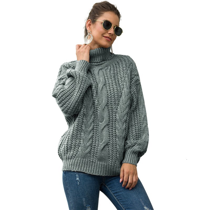 

2021 New Thick Jumper Long Turtleneck Pullover Women Winter Lantern Sleeve Solid Casual Plus Size Warm Knitted Sweater B48k, Brown
