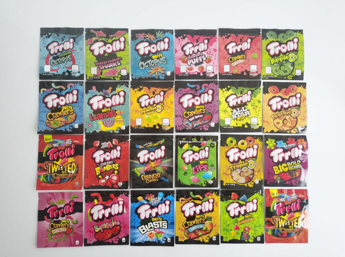 

12 Type mylar bag trolli trrlli Errlli edibles Gummies packaging resealable zipper pouch 600mg custom logo RUNTZ Strawberry Watermelon Octop