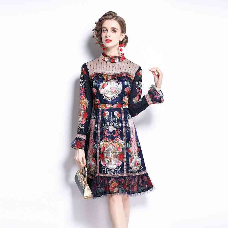 

Banulin Fashion Runway Summer Mini Dress Women Long Flare Sleeve Mesh Patchwork Floral Print Short Jacquard 210603, Black