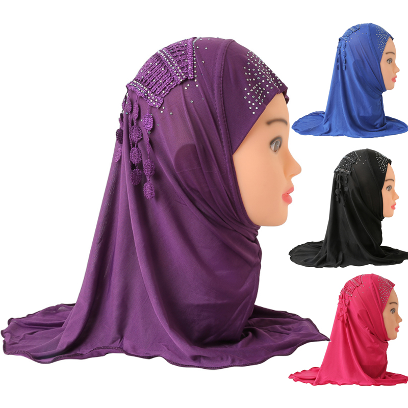 

2021 Lace Hijab Scarf for Kids Muslim Girls Islamic Headscarf Turban Caps Fit 2-7 years old Arab Full Cover Amira Shawls Headwear