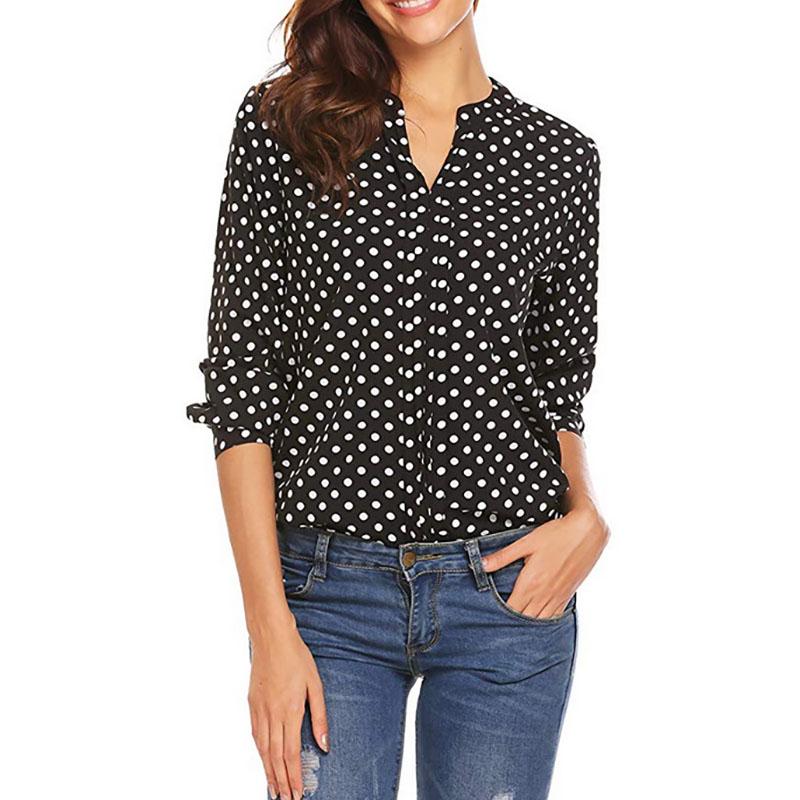 

Women's Blouses & Shirts Plus Size Polka Dot Print For Women Tops And Shirt V-neck Long Sleeve Office Ladies Casual Loose Female Blouse, White
