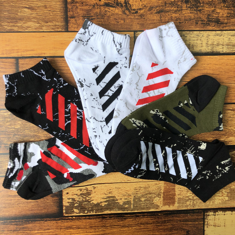 

White Letter Ow Brand Men's Boat Socks Cotton Sports Socksoflt, Black