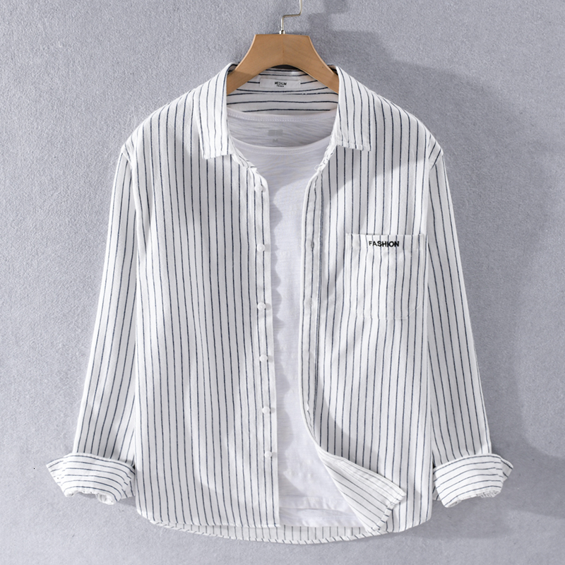 

2021 New Style Brushed 100% Cotton Stripe Long Sleeve Casual Shirts for Men Fashion Comfortable Shirt Mens Chemise 98ve, White