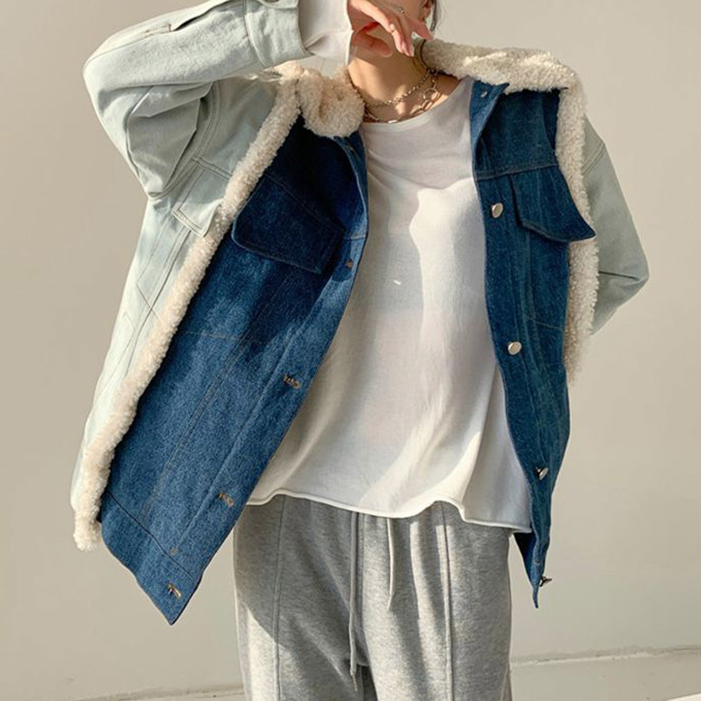 

2021 New Japanese Fashion Casual Thickened Warm Contrast Imitation Double Breasted Coat Ex28, Blue.