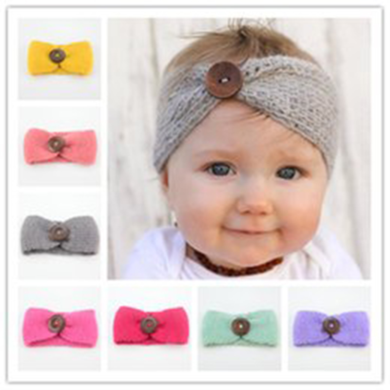

New Baby Girls Fashion Wool Crochet Headband Knit Hairband With Button Decor Winter Newborn Infant Ear Warmer Head Headwrap KHA01, Mix colour