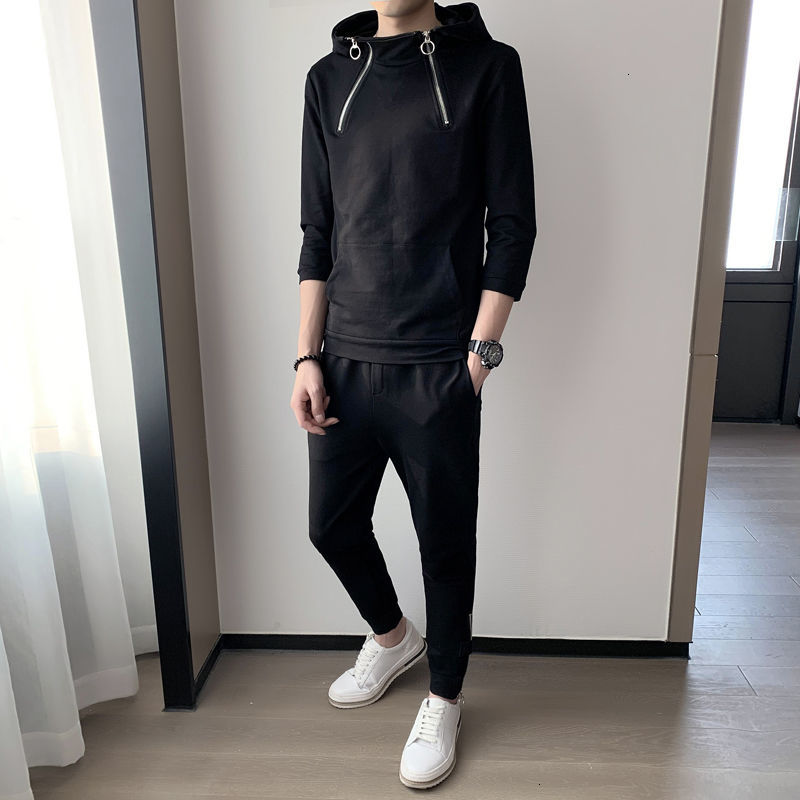 

New Summer Survetement Homme Black White Zipper Mens 2 Piece Set Korean Slim Men's Spring Tracksuit for Men Moda 2021 Vwb4