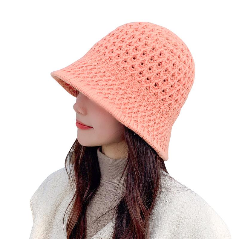 

Wide Brim Hats Sparsil Autumn Winter Hollow Knit Bucket Hat Woman Solid Acrylic Panama Female Outdoor Warm Dome Fishing Cap Fisherman, White