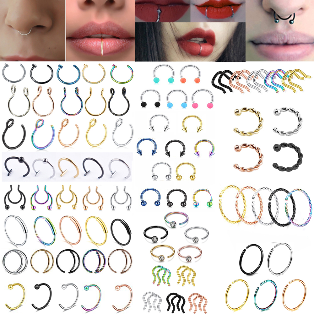 

1-5pcs U Shaped Fake Nose Ring Septum Piercing Lip Rings Set Hoop Gold Stud Stainless Steel Horseshoe Body Jewelry for Women 20G, Silver