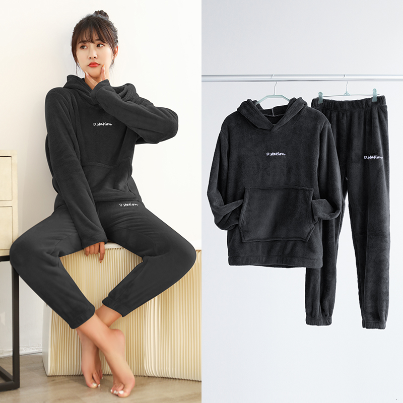 

2021 Autumn Winter Warm Two Piece Set Women Flannel Long Sleeve Tops Pants Soft Veet Female Casual Suits Sets Clothes Gs83, Black