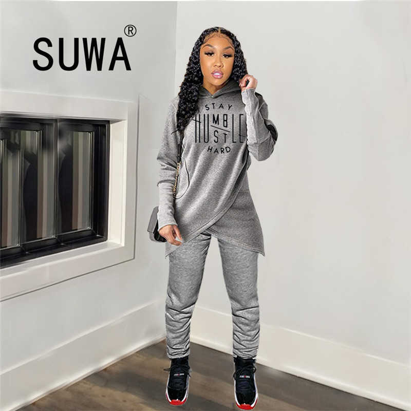 

Asymmetry Chic Sweatshirt Hoodies + Skinny Pants Trousers Fashion Two Piece Outfits Womens Tracksuit Matching Sets 210525, Gray